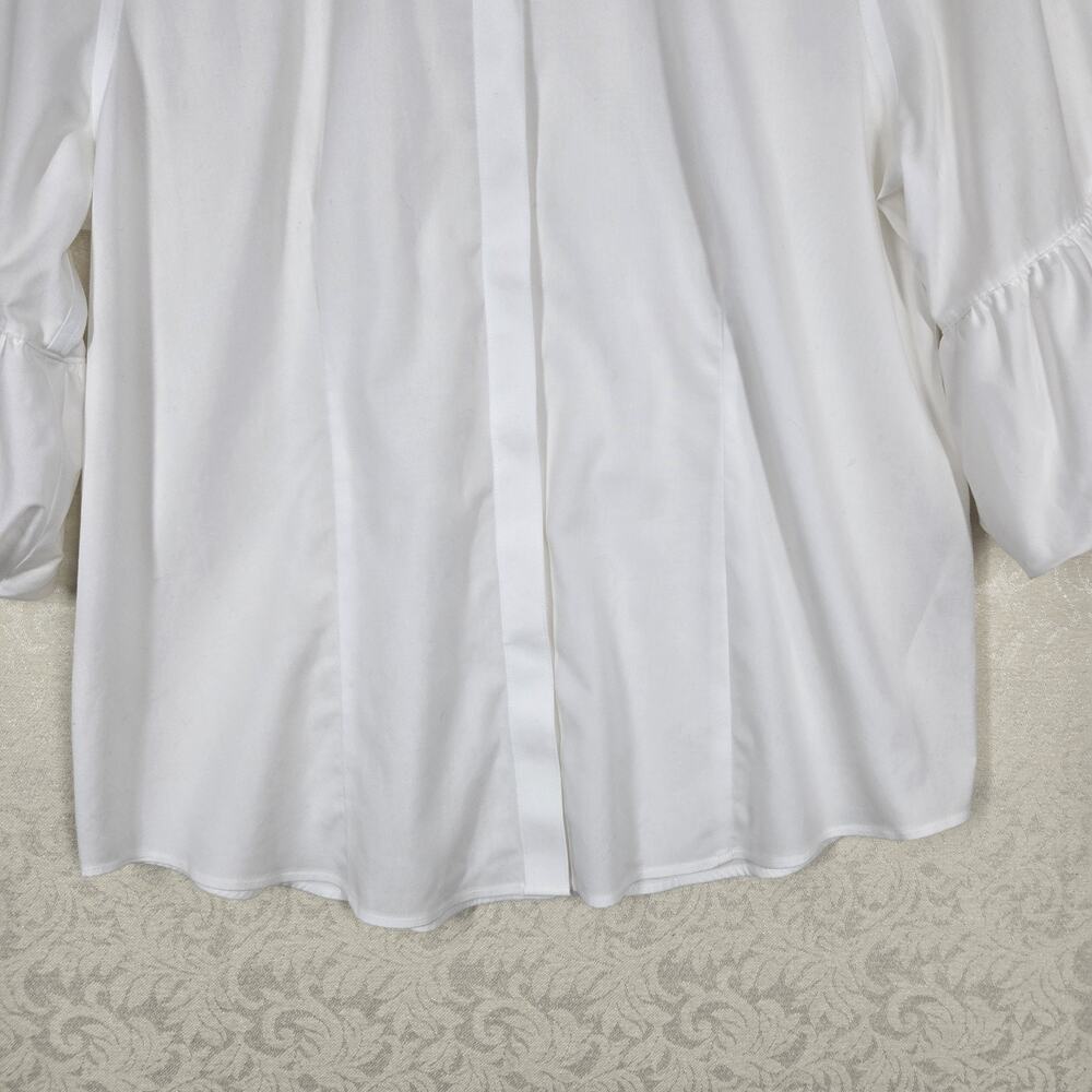 Chico’s No Iron Top Sz 2-L White Button Front Ruffle Sleeve Stretch Office Chic - Picture 4 of 12